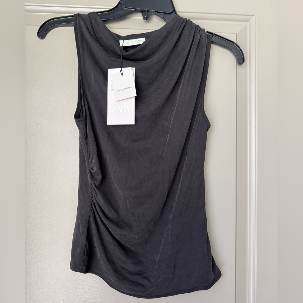 NWT Zara Washed Black Cowl Neck Asymmetric Shoulder Tank Top | Small